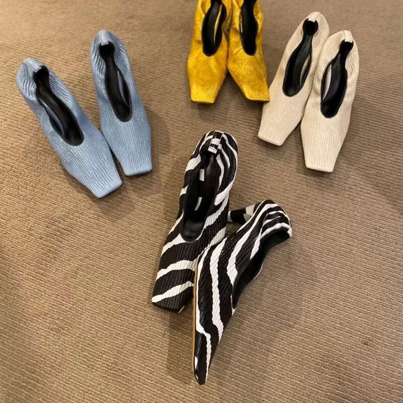 2025 Square Head Early Spring New Fine Zebra-Print Soft Leather Pleated Elastic Witch High Heel Deep Mouth Granny Shoes