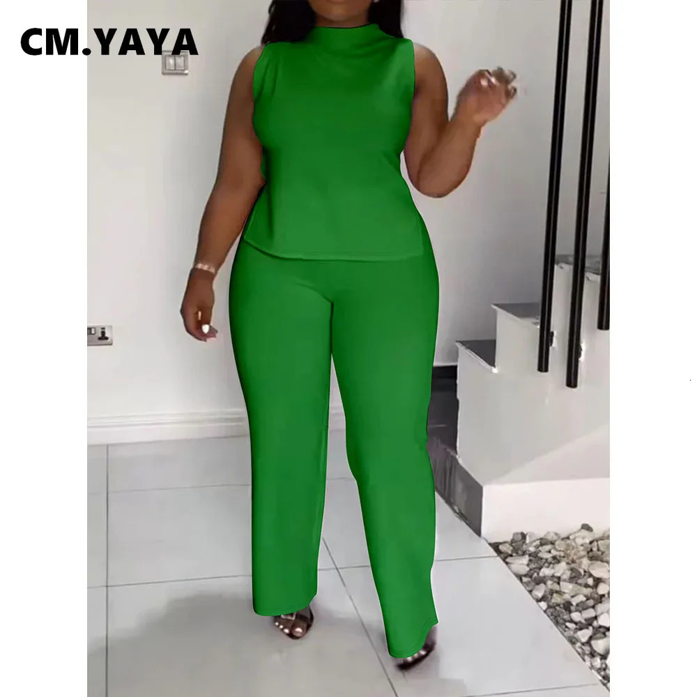 CM.YAYA Plus Size Womens Set O-neck Sleeveless T-shirt Vest and Pants Suits Sweatsuit Two 2 Piece Set Outfit Street Tracksuit 250514