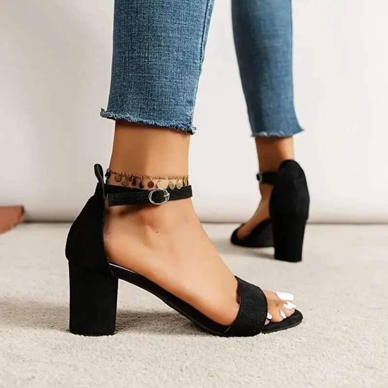 Sexy Pumps for Women High Heels Open Toe Suede Thick Heel Bridal Party Shoes Ladies Buckle Strap Gladiator Sandals 35-42 Black