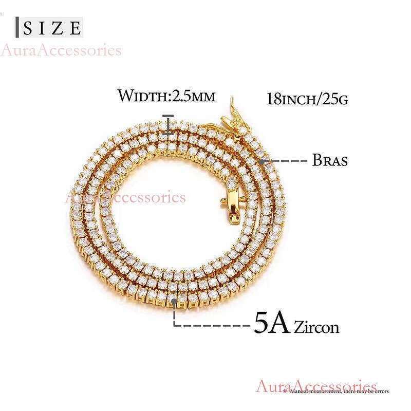 2.5mm Brass Zircon 1 Row Hip Hop Bling Jewelry Gold Sier CZ Tennis Chain Necklace Iced Out