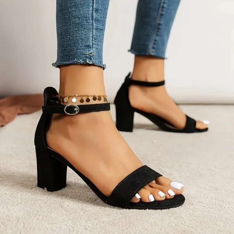 Sexy Pumps for Women High Heels Open Toe Suede Thick Heel Bridal Party Shoes Ladies Buckle Strap Gladiator Sandals 35-42 Black