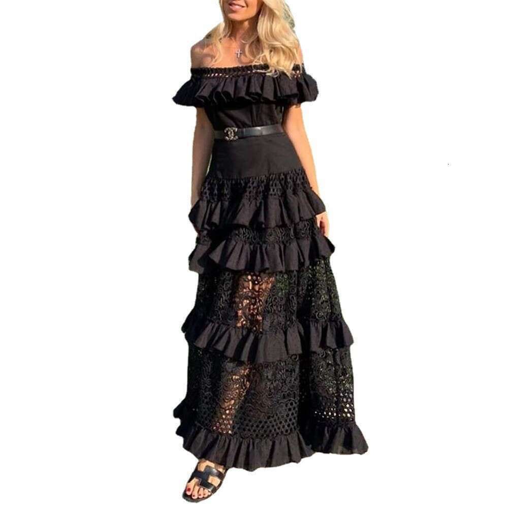 White Dress Maxi Dress 2025 Summer New Women's One Shoulder Lotus Leaf Edge Hollow Out Large Swing Lace Dress Long Skirt KQ