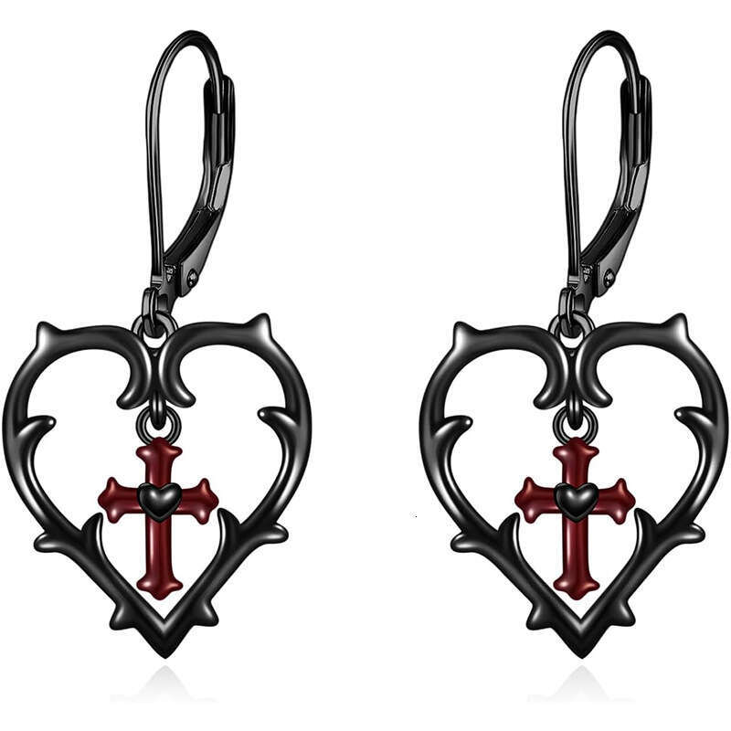 New Dark Series Gothic Personality Simple Fashion Love Red Frame Cross Earrings Female Accessories
