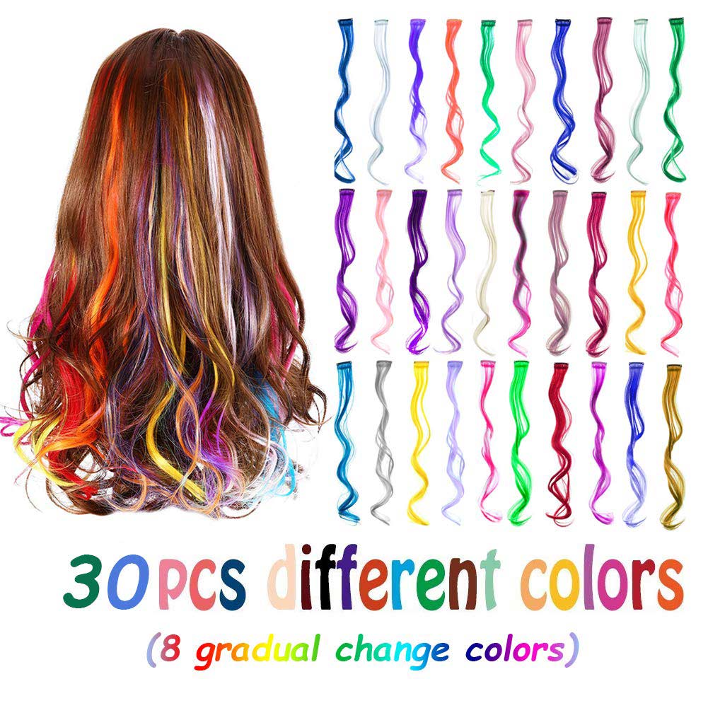 LeeWin 20" 22Pcs Single Color Party Highlights Clip in Hair Extensions Multi-Colors Hair Streak Synthetic Hairpieces 20 Colors in Set Curly Wavy