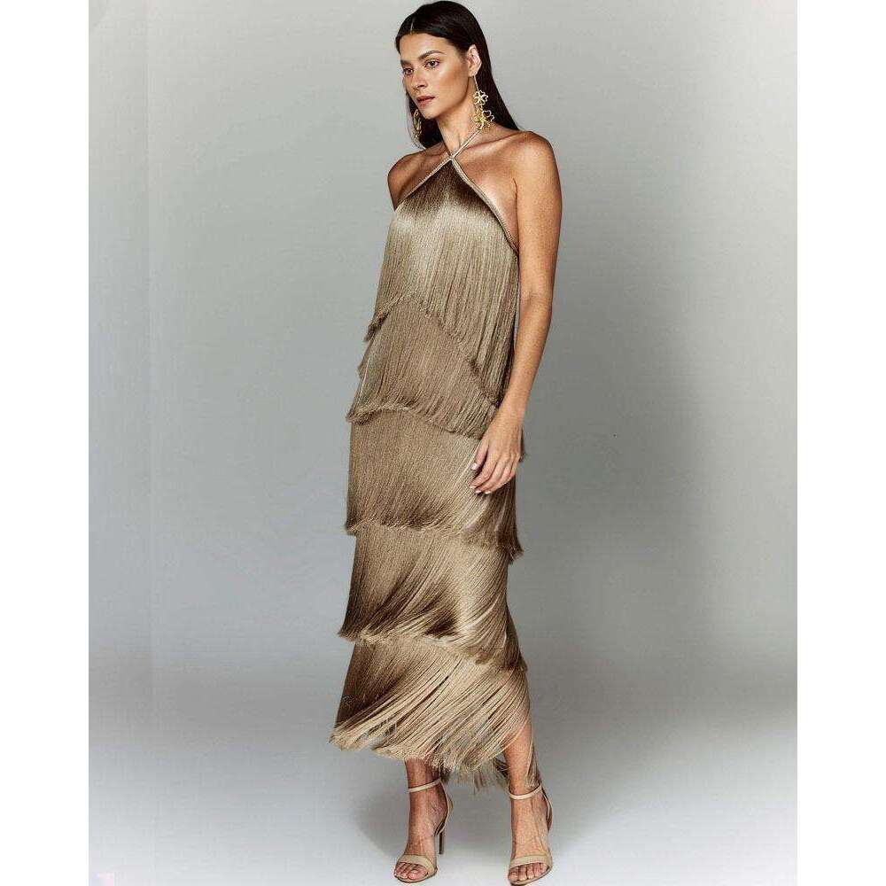 White Dress Maxi Dress Gy25044 Fashion Hanging Neck Tassel Open Back Split Dress KQ