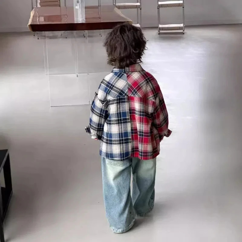 Boy Korean Children Clothing Soft Autumn Collection Red Blue Color Blocked Checkered Shirt Pure Cotton Blouses Outerwear 250515