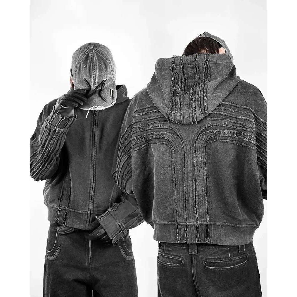 Y2k Trend Street Hip Hop Jumper Jacket Vintage Wash Patchwork Furred Fashion Men Zipper Hoodie Gothic Loose Casual Sweatshirt Designer