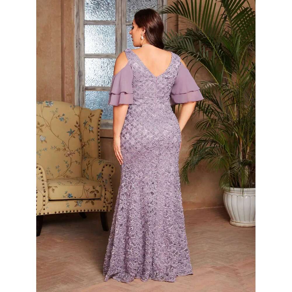 Mgiacy plus sizeV-neck romantic three-dimensional lace patchwork chiffon multi-layer off-the-shoulder sleeve fishtail slim dress