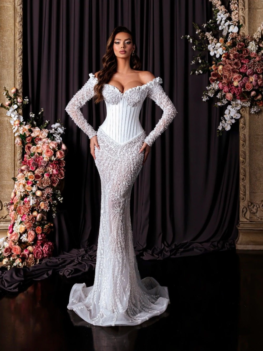 Luxurious Mermaid Wedding Dress Off Shoulder Long Sleeves Bridal Gowns Appliques Beaded Detachable Train Dresses Custom Made vestidos de novia