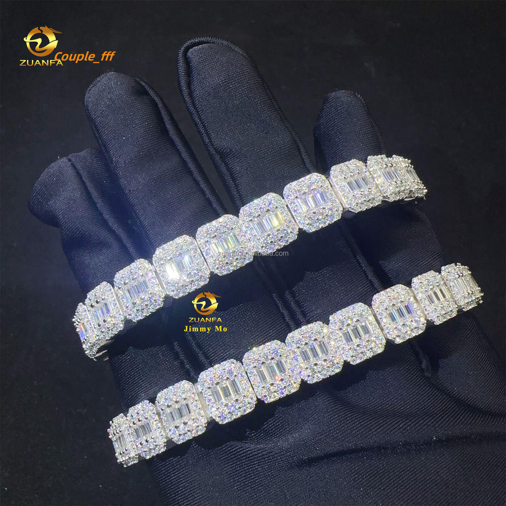 Hot Selling Fashion 9MM Luxury 925 Sterling Silver Iced Out Hip Hop Jewelry Moissanite Baguette Cluster Tennis Chain Bracelet