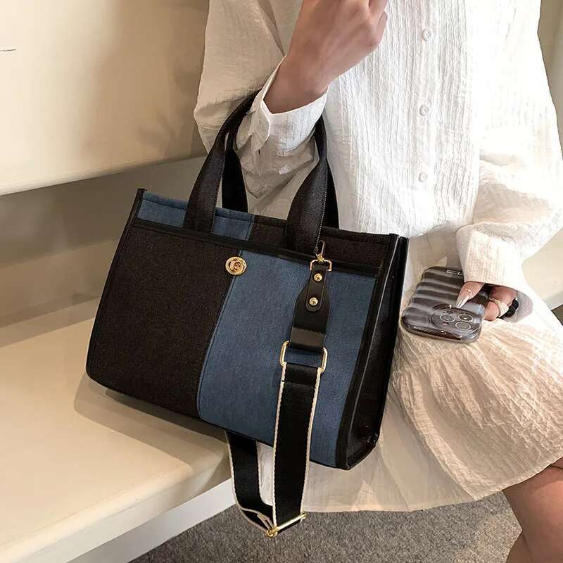 Fashion Contrasting Color Splicing Denim Handbag Women's Shoulder Crossbody Commuter Casual Tote Bag