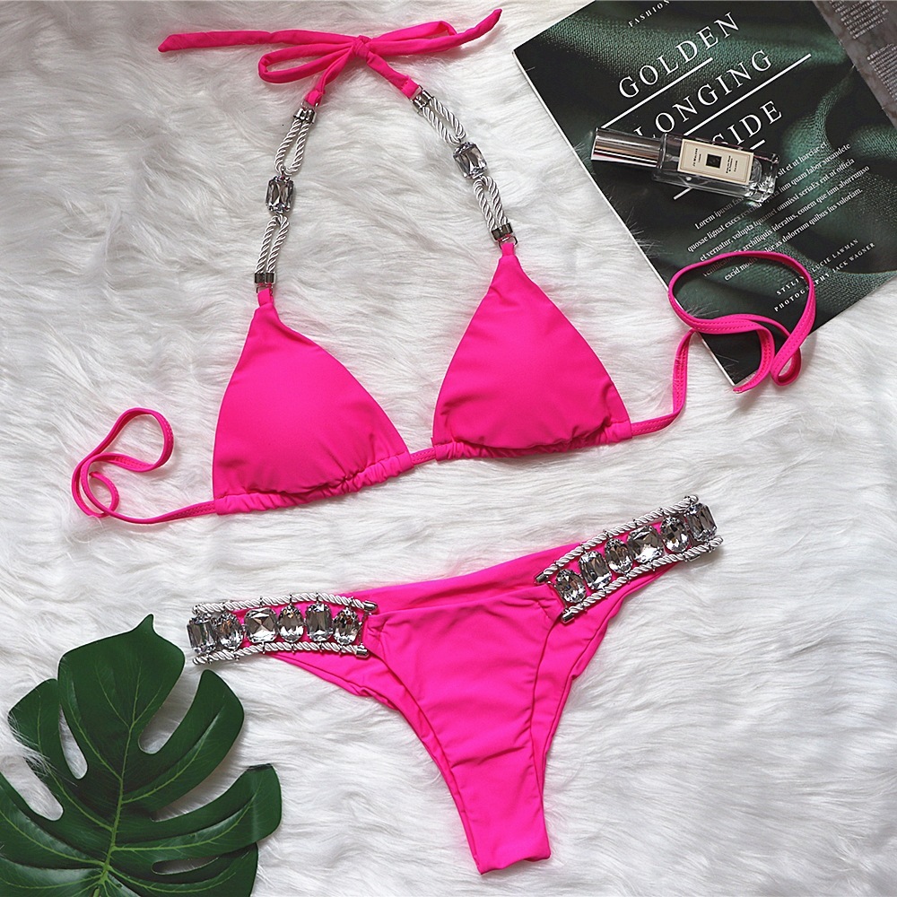 New Women's Solid Color Swimsuit Sexy Rope Strap Crystal Backless Bikini Women's Split Tie Black Beachwear Fashionable Bright Diamond Swim T
