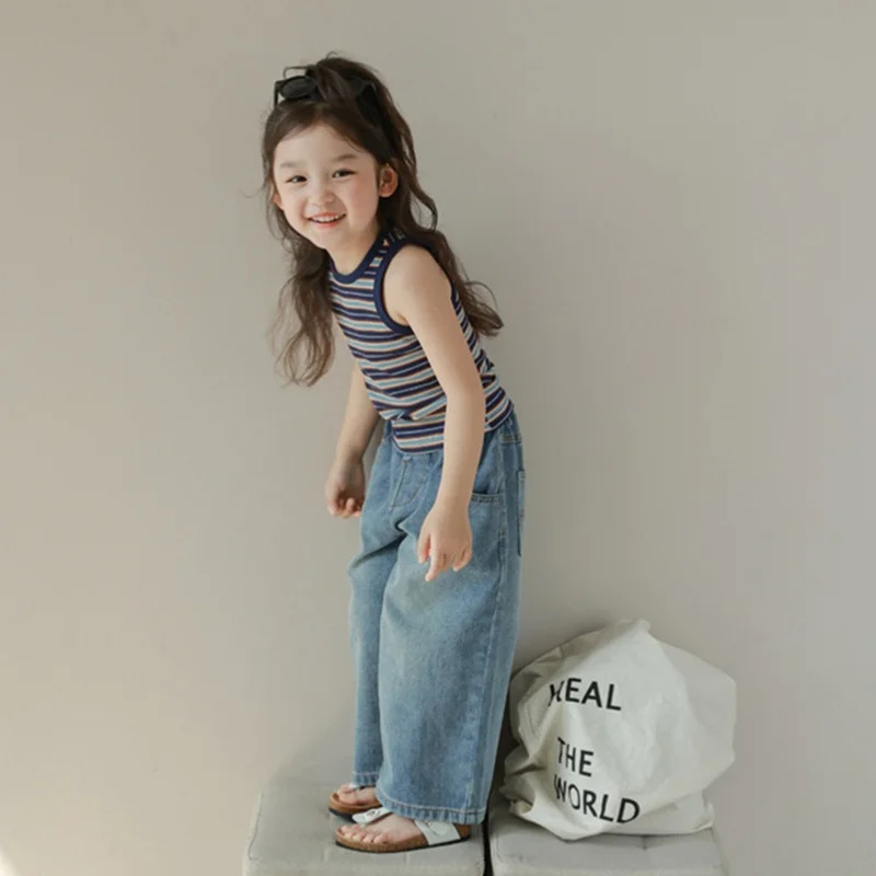 Kids High Waist Wide-Leg Jeans for 3-8Y Girls Solid Multi-Pocket Elastic Waist Jeans Casual Fashion Kids Denim Trousers 250515