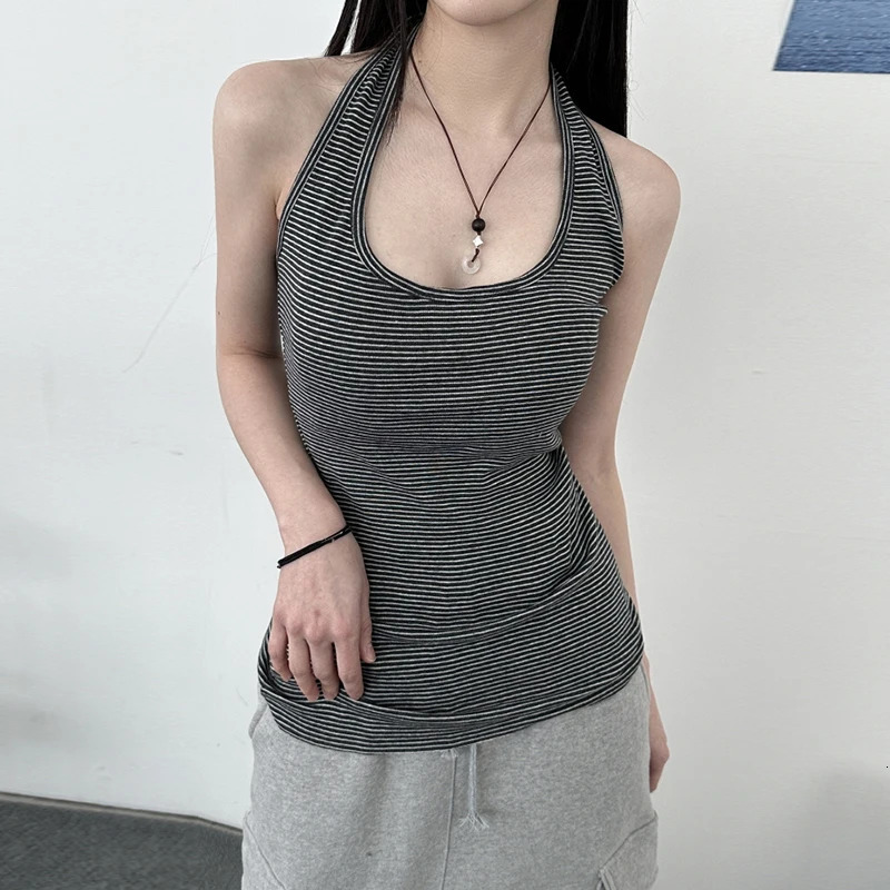 HEYounGIRL Korean Fashion Striped Halter Vest Basic Streetwear Backless Casual Sleeveless Tank Top Y2K Summer Fitted Camis Tops 250515