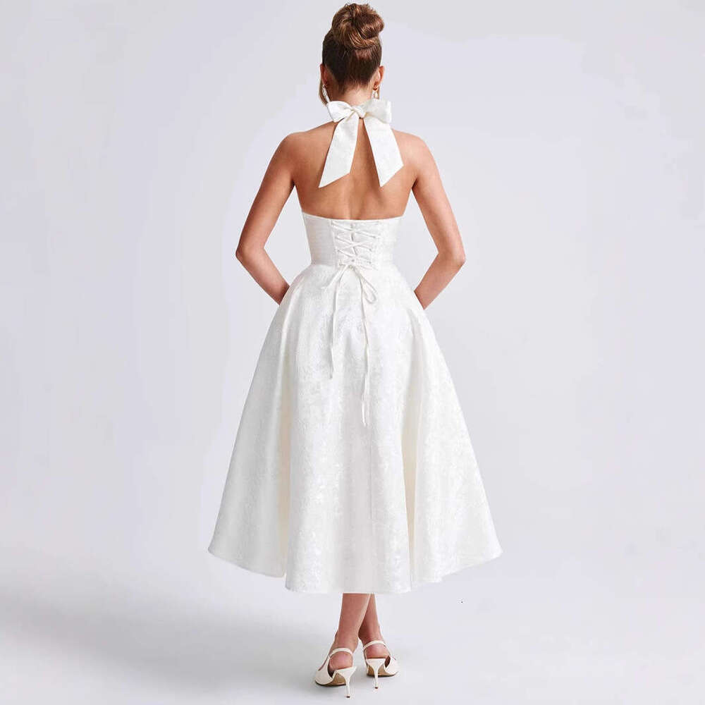 White Dress Maxi Dress V-Neck Hanging Neck Jacquard High-End Evening Dress, Spring And Summer Temperament, Sleeveless Backless Waist Cinching Long Dre