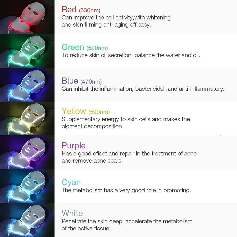 Foreverlily 7 Colors Light LED Facial Care Mask With Neck Skin Rejuvenation Treatment Beauty Anti Acne Therapy Whitening