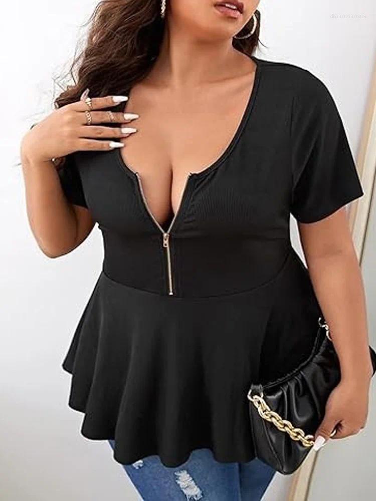 Shirt Plus Size Solid Zip Front Peplum Tops Women Summer 2025 Fashion O-Neck Short Sleeve Female Casual