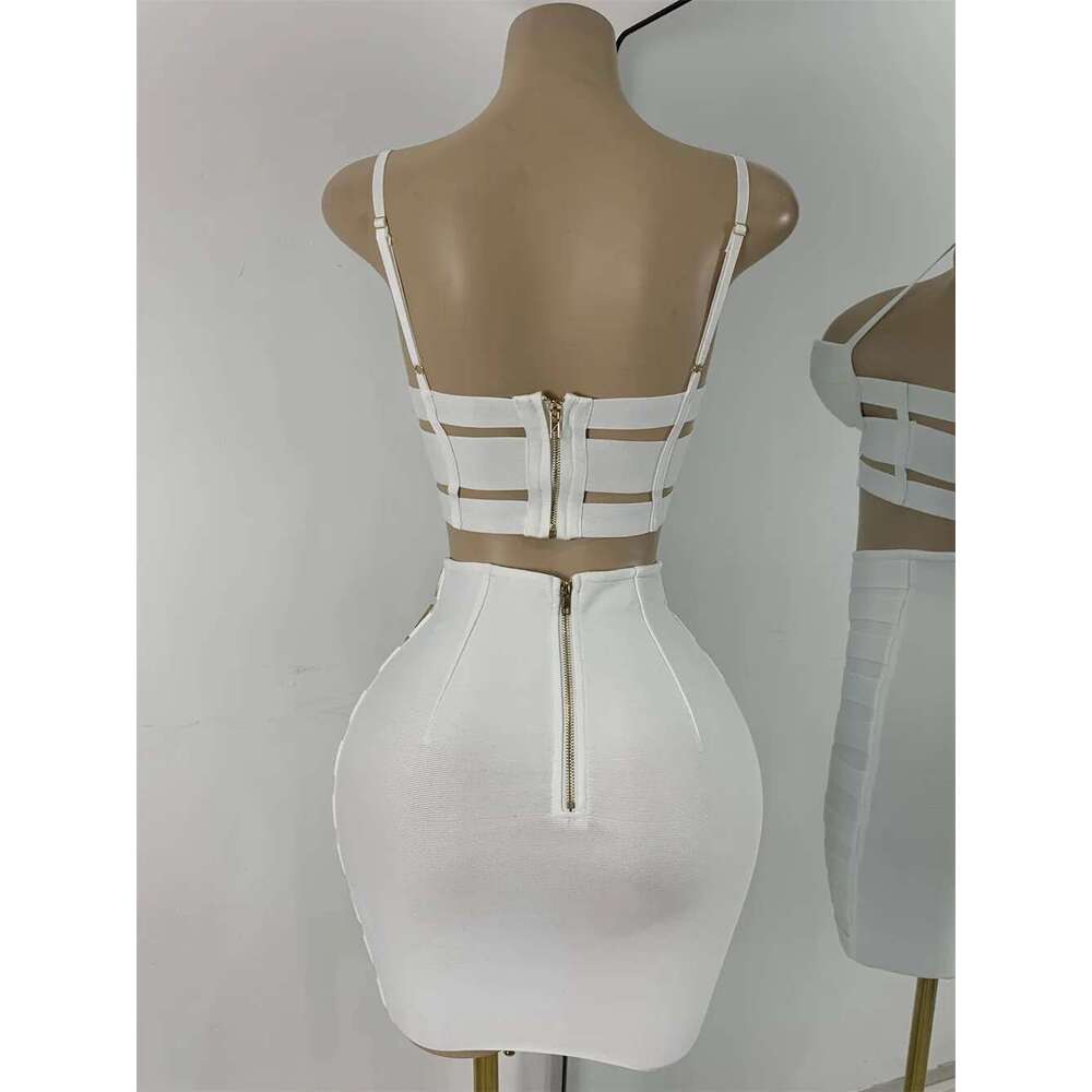 White Two Pieces Dress Set Women Sexy Square Collar Sleeveless Design Crop Top Short Skirt Suit Nightclub Birthday Clothing