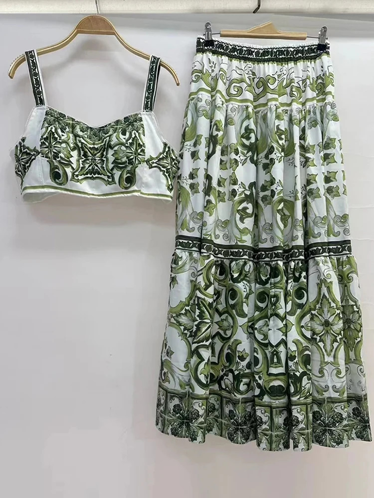 summer womens retro printed sexy suspender strapless twopiece sethigh waist loose pleated skirt fashion set 250515