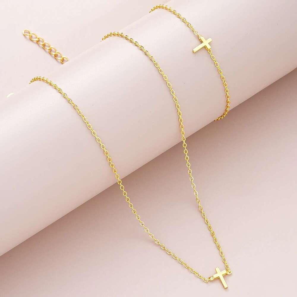 2 Pcs Exquisite Gold Color Bohemian For Women Fashion Pearl Cross Pendant Necklace Bracelet Set Casual Jewelry Gifts