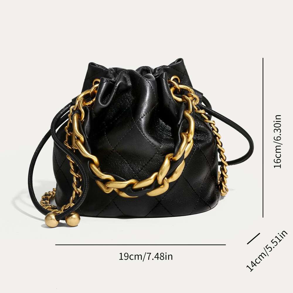 ITAMOOD Genuine Leather Quilted Bucket Fashionable Chain Crossbody Bag Women's Argyle Embroidered Drawstring Wallet