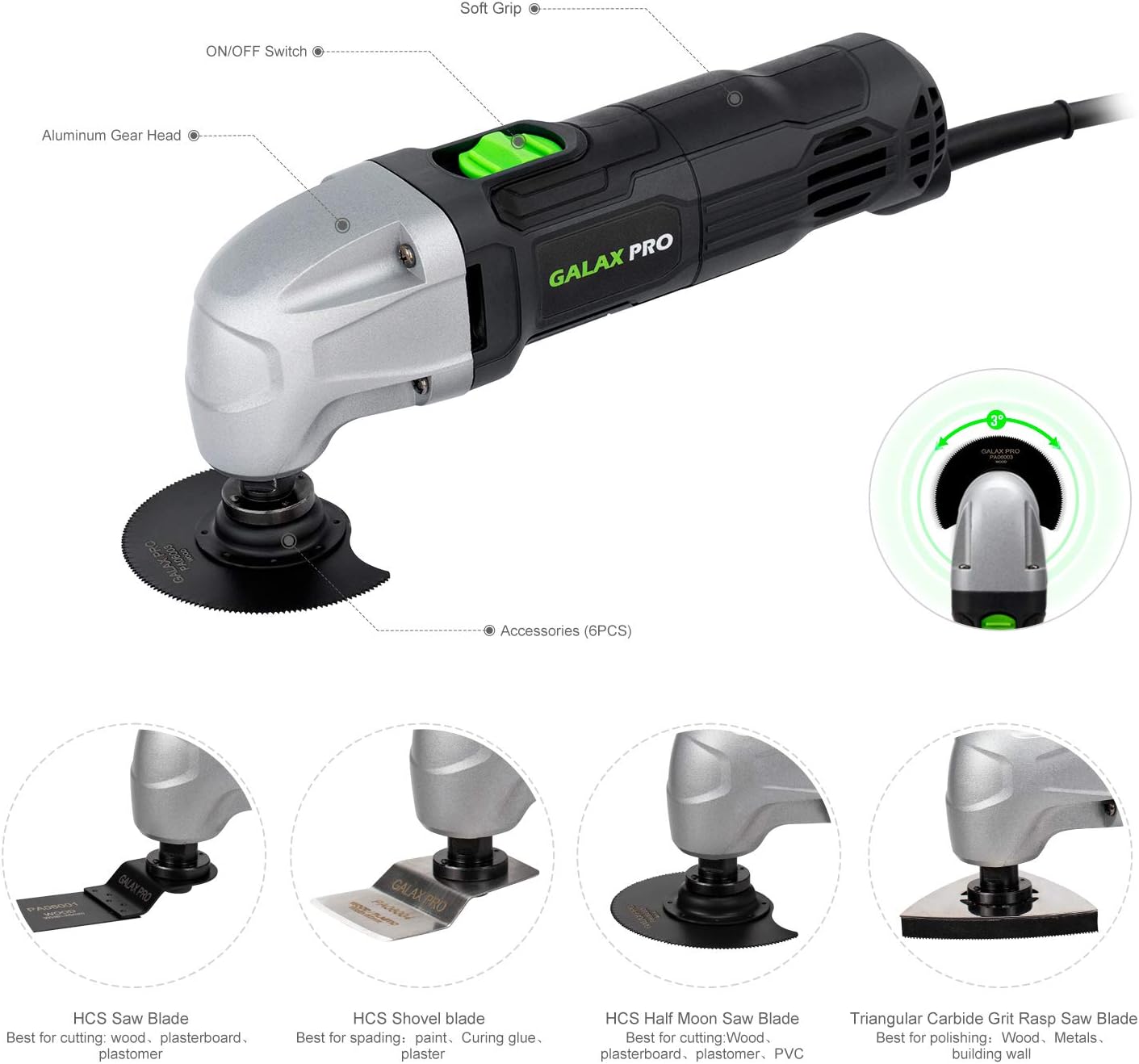 GALAX PRO 180W Oscillating Multifunction Tool 22000 OPM 3 Degree Vibration Angle with 3 Saw Blades 1 Semi-Circular Saw Blade Sanding Disc 6 Sanding Pa