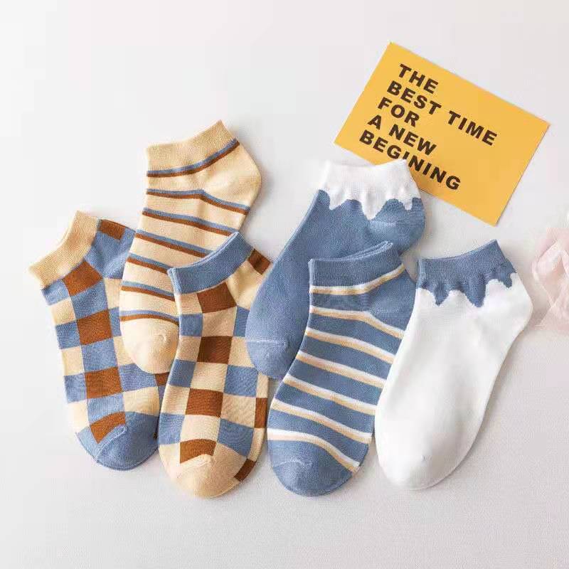 V50001 Women's Athletic Socks Retail Wholesale Thin Spring and Summer Short for Young People Aged 16-40 Striped and Checkered