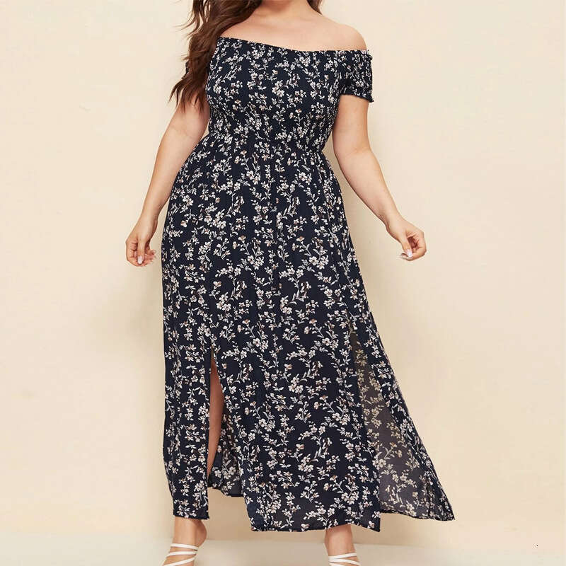 Plus Size Womens Dress June Tender Floral Dress Plus Size Womens Clothing Womens Large Casual Bohemian Print Off Shoulder One Line Neck Split Long Sma