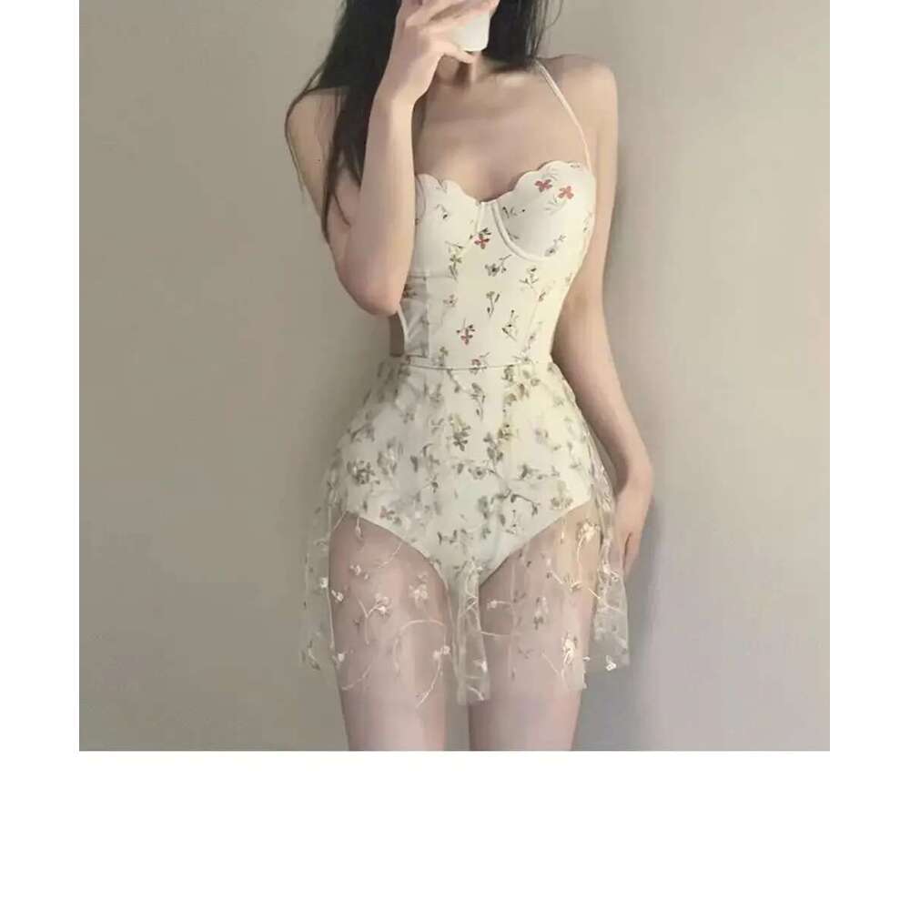 sexy Korean fashion floral print push up swimsuit two pieces with perspective mesh cover skirt bodysuits bikinis swimwear