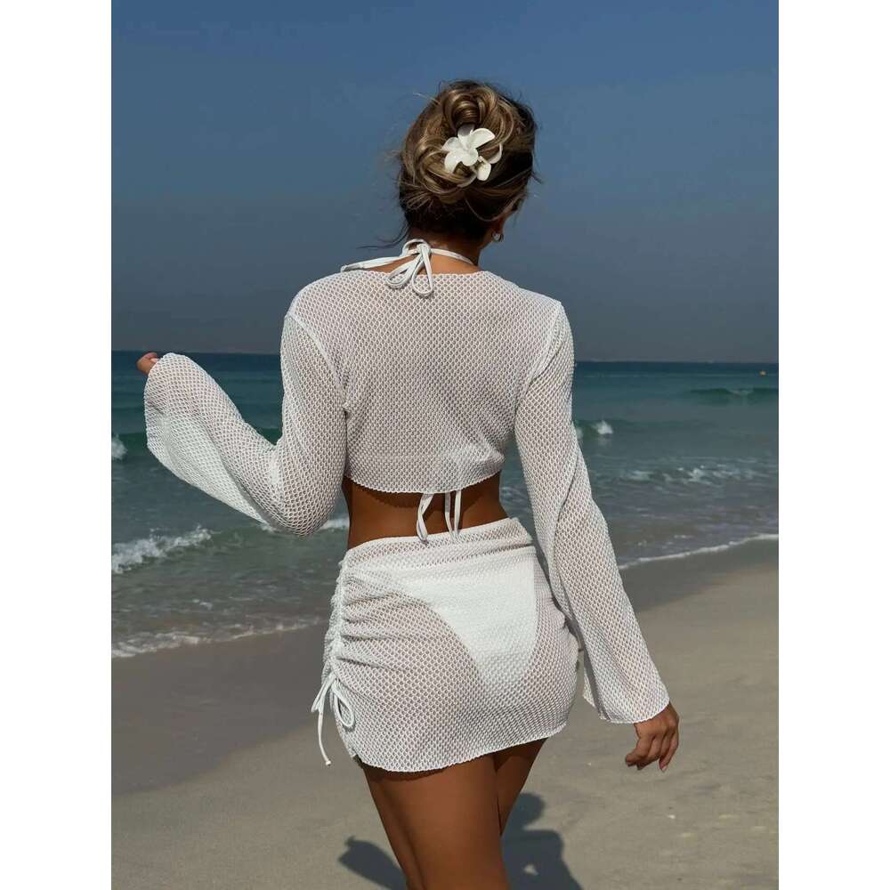 Summer Holiday 4 Piece Bikini Set 2025 Women Sexy White Long Sleeve Cover Up and Skirt Swimsuit Beach Bathing Suit Pool Swimwear