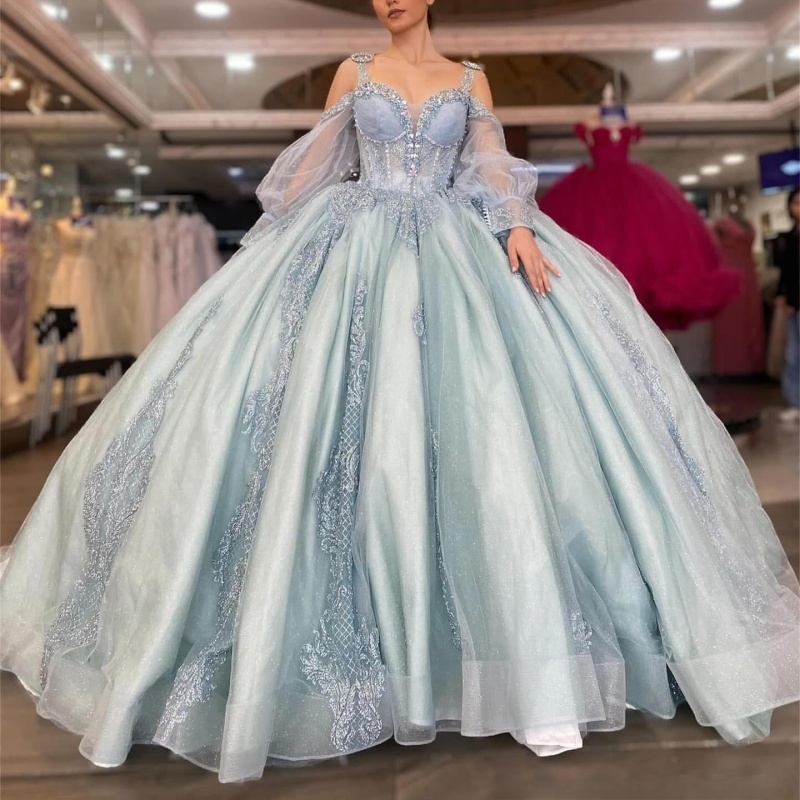 Light Blue Shiny Quinceanera Dresses Off Shoulder Ball Gown Sweet 16 Dress Applique Lace Beading Crystal Tull Birthday Party Vestidos 15 De Anos