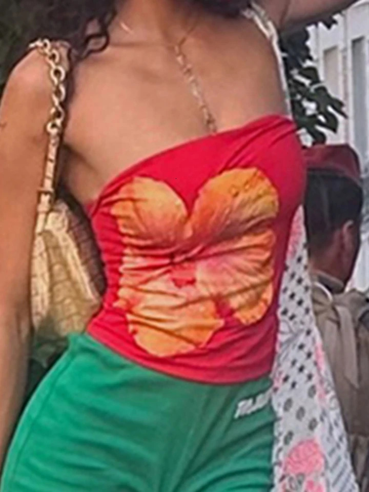 Womens Boho Floral Print Ruffle Off Shoulder Crop Top Summer Sleeveless Bandeau Tube with Adjustable Straps for a Fit 250515