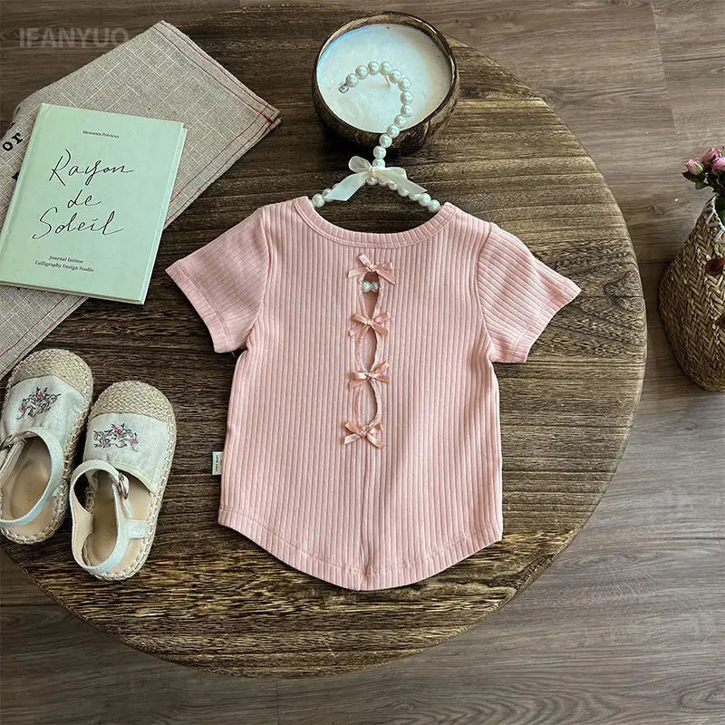 2-10Y Girls Summer Shirt Hollow Bow Knitted Short Sleeve Versatile Sweet and Cute Simple Top Round Neck Childrens T-shirt 250515