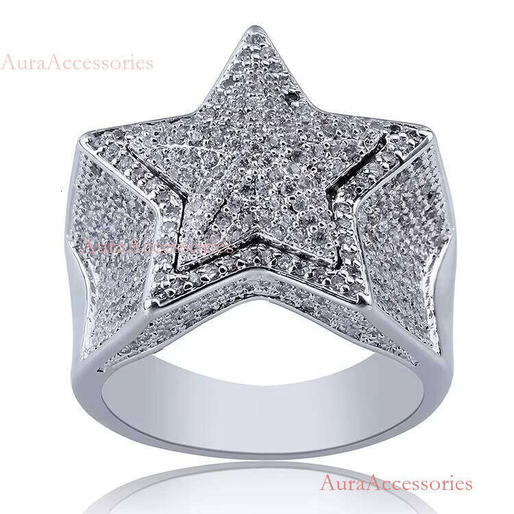Fashion Hip Hop Jewelry Five Star Rings Men's Gold Sier Color Plated Iced Out CZ Cubic Zircon Brass Ring for Men