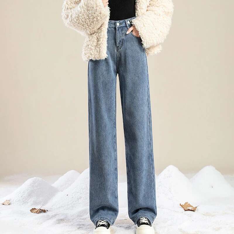 Woman High Waist Streetwear Thicken Jeans Female Fashion Baggy Pants Lady Black Grey Light Blue Punk Thermal Denim Trousers Designer