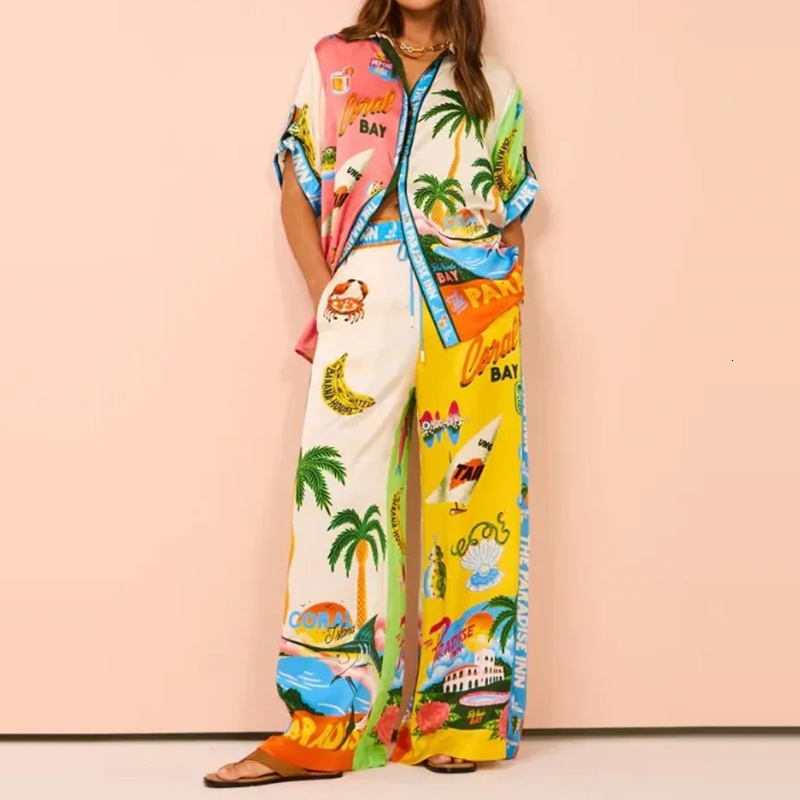 2025 Spring New Collection Womens Printed Round Neck Loose Bat Sleeve Waist Wide Leg Pants Fashion Set