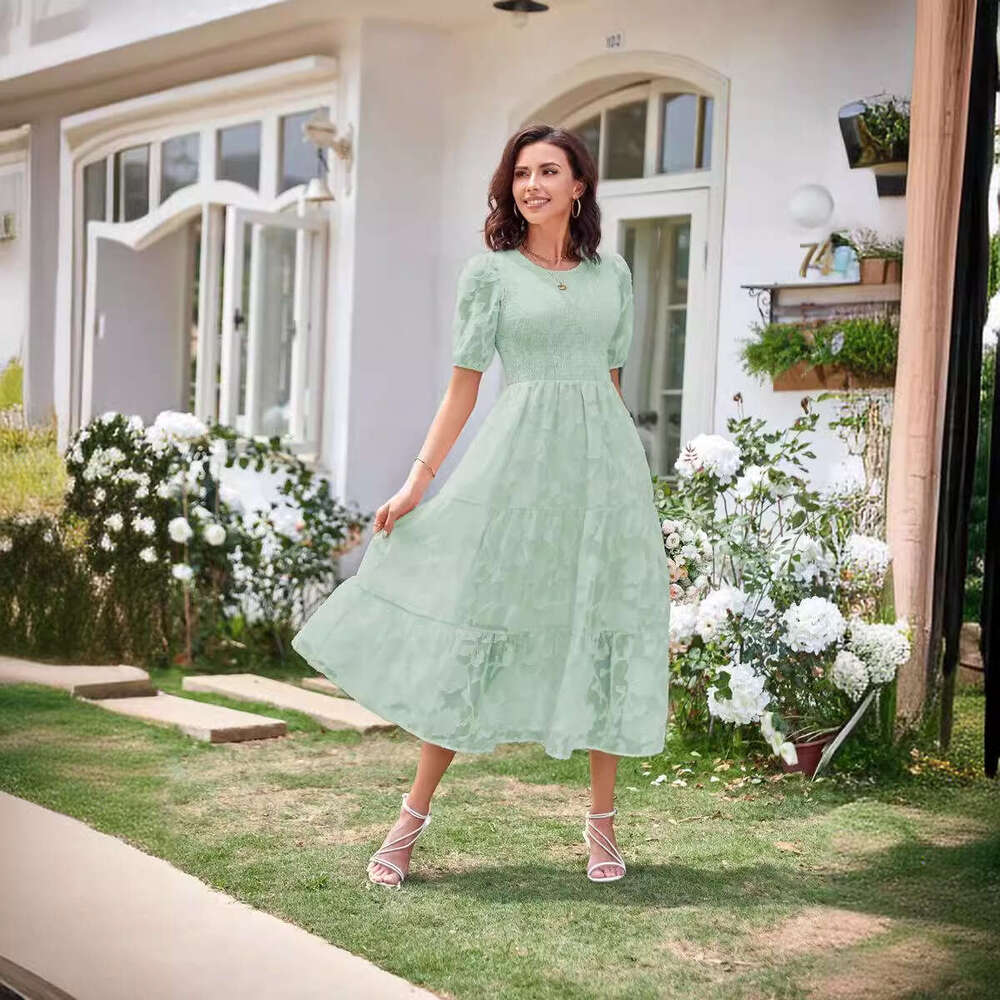 White Dress Maxi Dress 2024 Summer Women's Round Neck Folded Bubble Sleeves Layered Flower Dress KQ