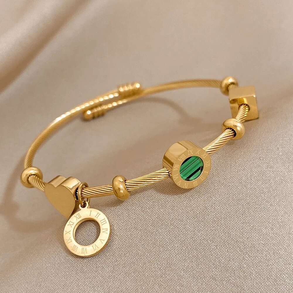 AENSOA 316L Stainless Steel Malachite Roman Letters Charm Bangles Bracelets For Women Gold Color Waterproof Wrist Jewelry Gift