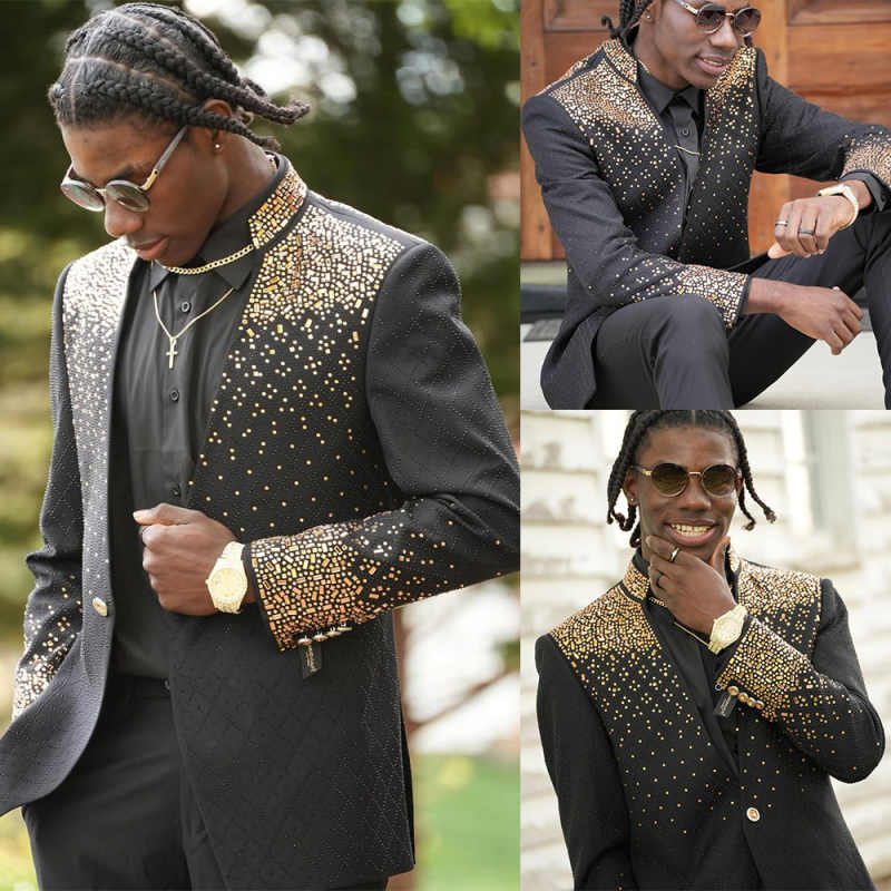 Gold Beads Men Pants Suits Customized Stand Up Collar Wedding Tuxedos Party Sets Male Blazer Homme 2 Pieces