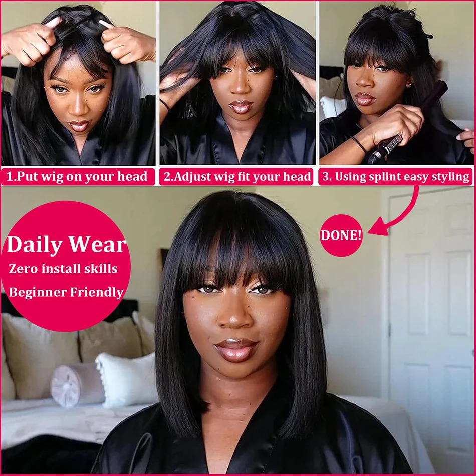 3X1 Middle Part Lace Wig Bob Wigs Full Machine Made Bone Straight Human Hair Wigs With Bangs Short Bob Human Hair Wigs For Women 250512