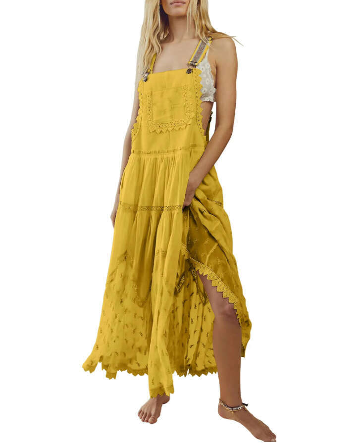 2024 Women's Casual Lace Embroidered Long Dress with Adjustable Shoulder Straps and Flowing Skirt