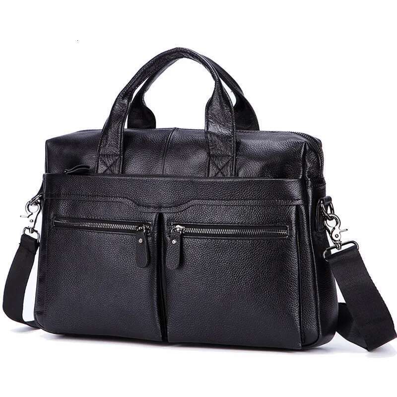 Black Men Genuine Handbags Large Leather 14" Laptop Messenger Business Men's Travel Shoulder Bags Briefcase