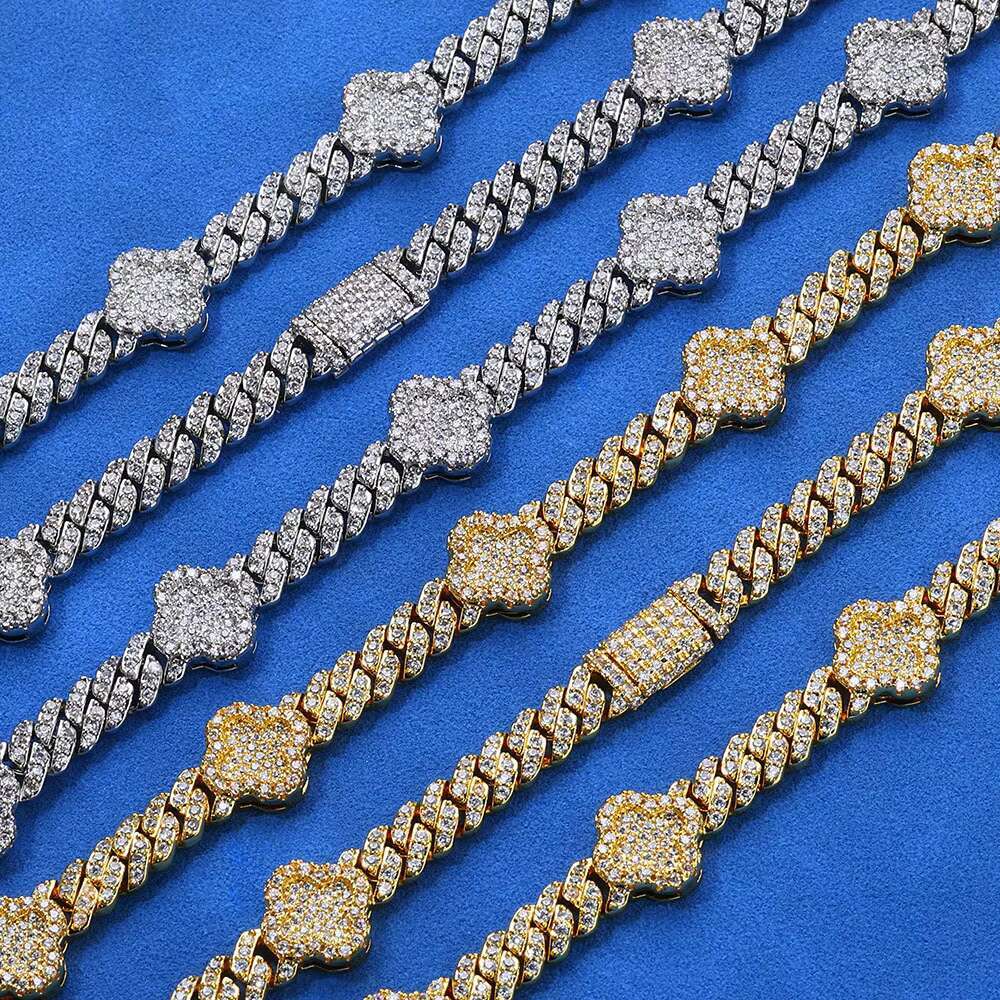 Hip Hop Ice Out Necklace Custom 925 Silver Chain Link VVS D Color Moissanite JEwelry Necklace Clover Cuban Necklace Chain Men