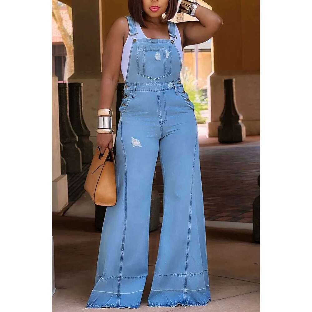 Plus Size Denim Pockets Overall Rompers Wide Leg Jeans Slim Streetwear Casual Fashion Jumpsuit for Women's