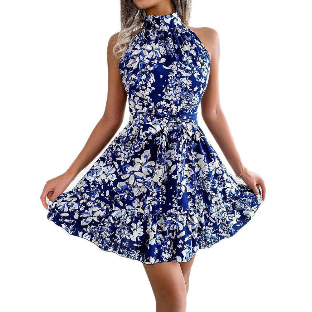 Internet celebrity takes real photos of spring and summer style temperament, lace up ruffle hem, big swing floral dress, women's clothing, 2025 n
