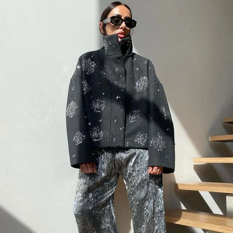 Casual Embroidery Beading Loose Women Coat Lapel Collar Bat Sleeve Solid Wool Blend Jacket 2025 New Lady Spring Outerwear
