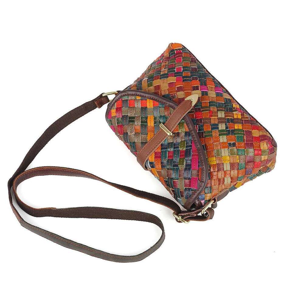 Genuine leather handmade woven colorful striped color matching small casual ethnic style shoulder bag for women
