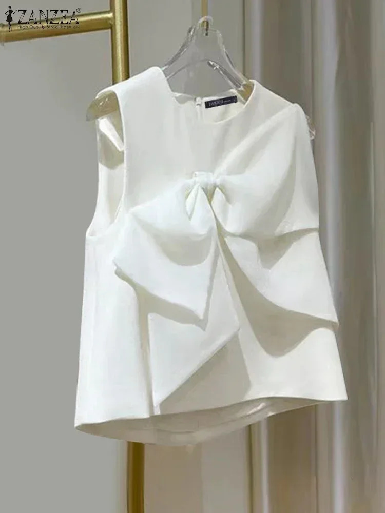 ZANZEA Summer Chic Sleeveless Oneck Tops Korean Sweety Bow Tie Tanks Beach Patchwork Tank Women Solid Blouse 250515