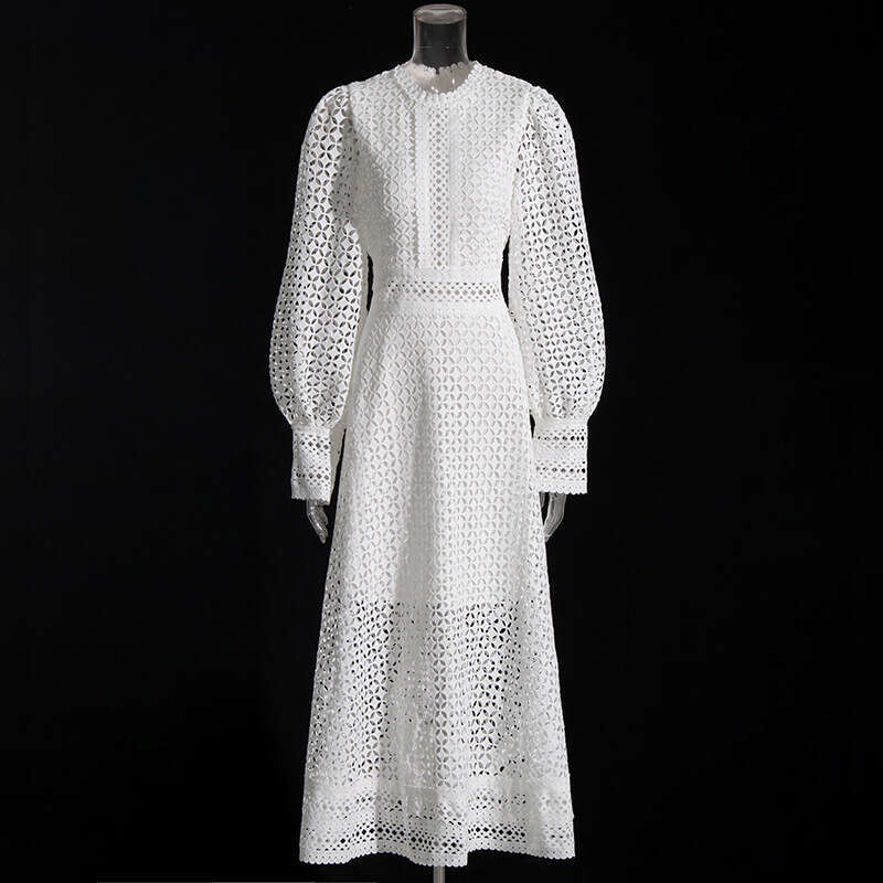 2025 Spring New Style: Hollow Embroidered Design, Comfortable Waist, Skirt, High End, Slimming, Long Sleeve Dress for Women
