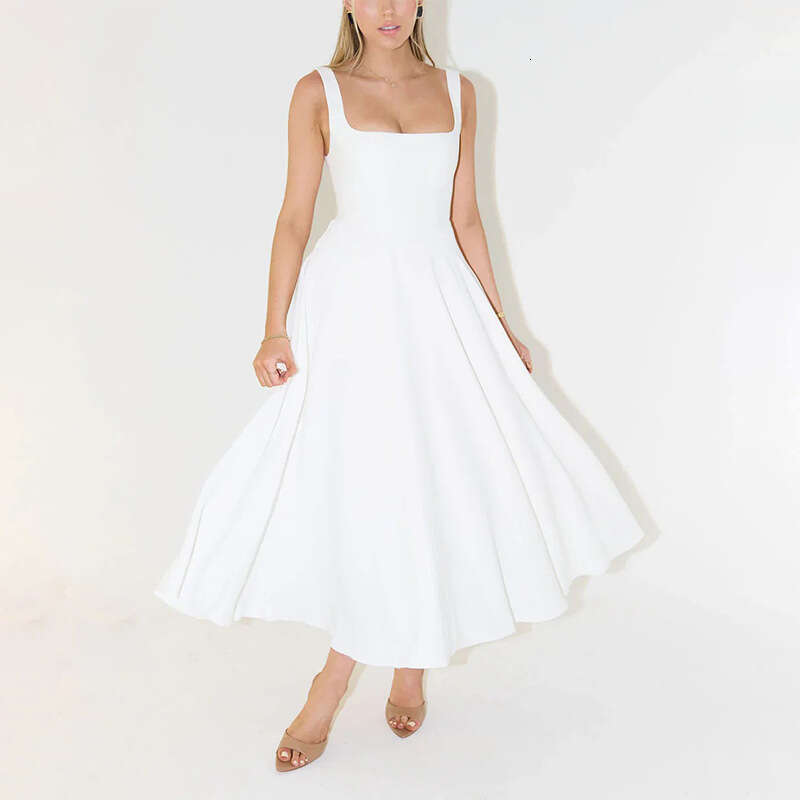 2025 summer new simple and sexy solid color shoulder strap slim fit mid length dress